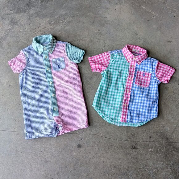 Ralph Lauren Blue Pink Green Striped Onesie and Gingham Plaid Shirt Bundle 9M - Picture 1 of 11